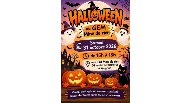 Le Gem Mine de rien organise sa 2éme édition de la fête de halloween le samedi 31 octobre de 15H a 18H au  74 Route de moriéres. 84000 Avignon